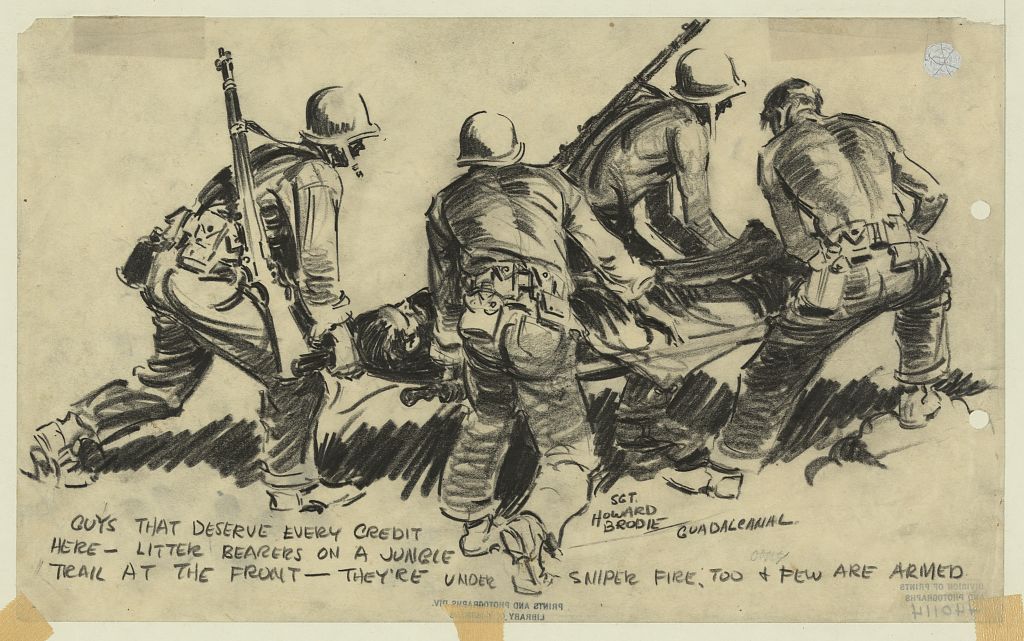Drawing shows four soldiers carrying a wounded soldier on a litter at the front during the World War II Battle of Guadalcanal.